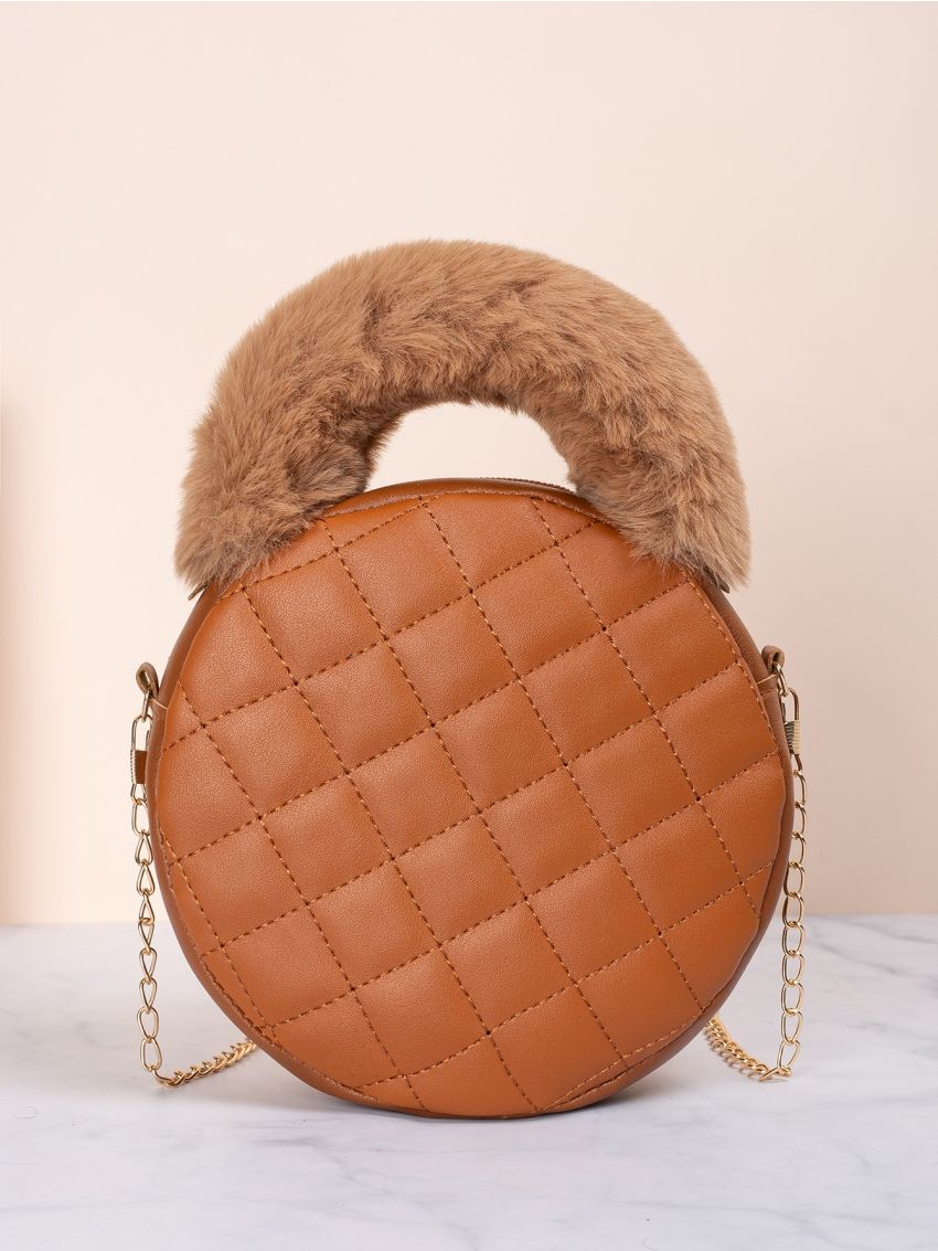Mini Fluffy Handle Quilted Chain Circle Bag