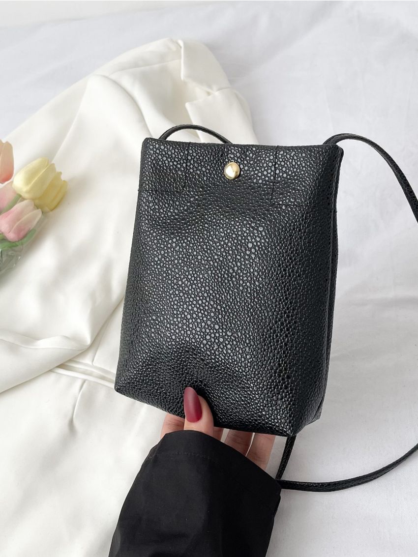 Mini Granule Embossed Snap Button Detail Bucket Bag