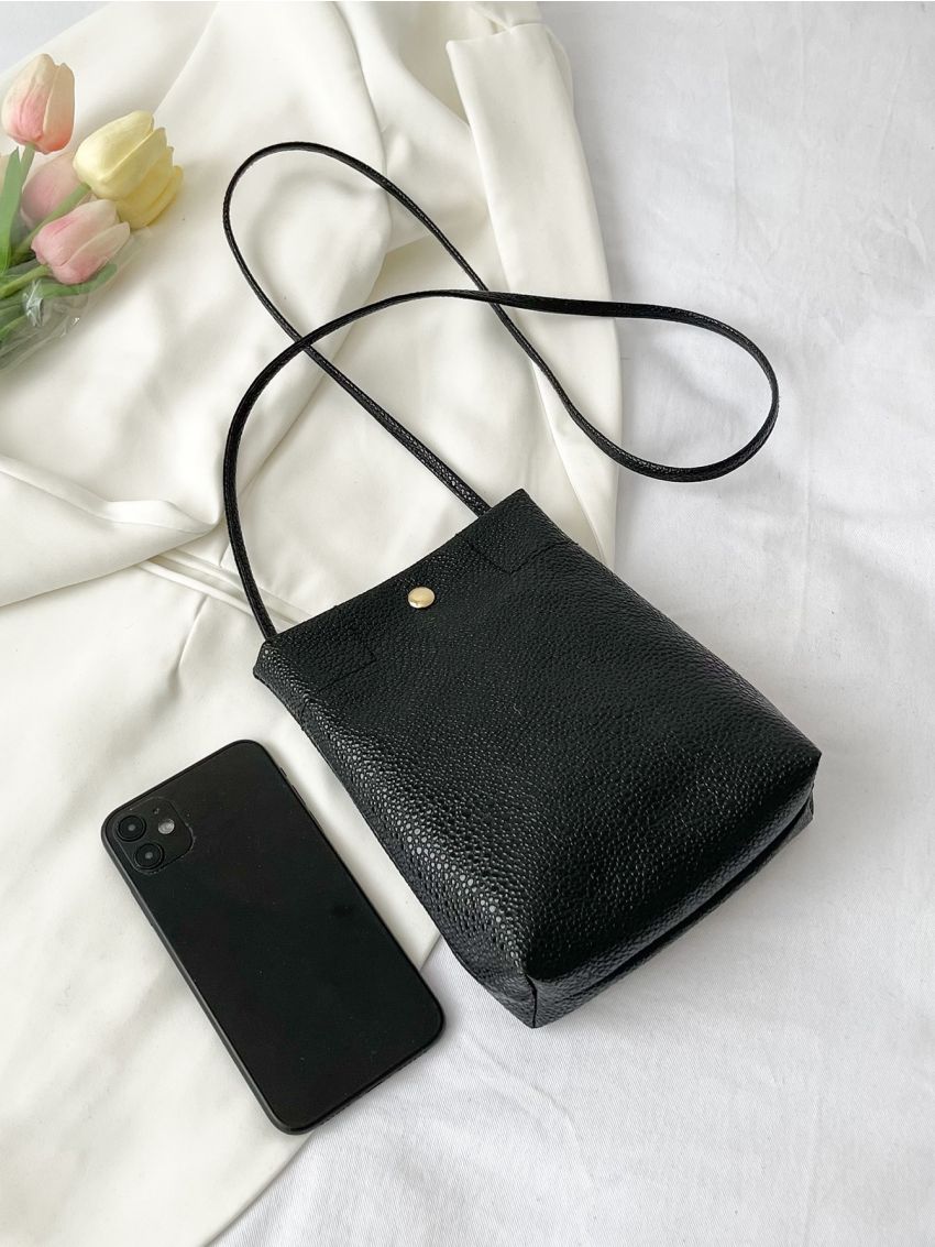 Mini Granule Embossed Snap Button Detail Bucket Bag