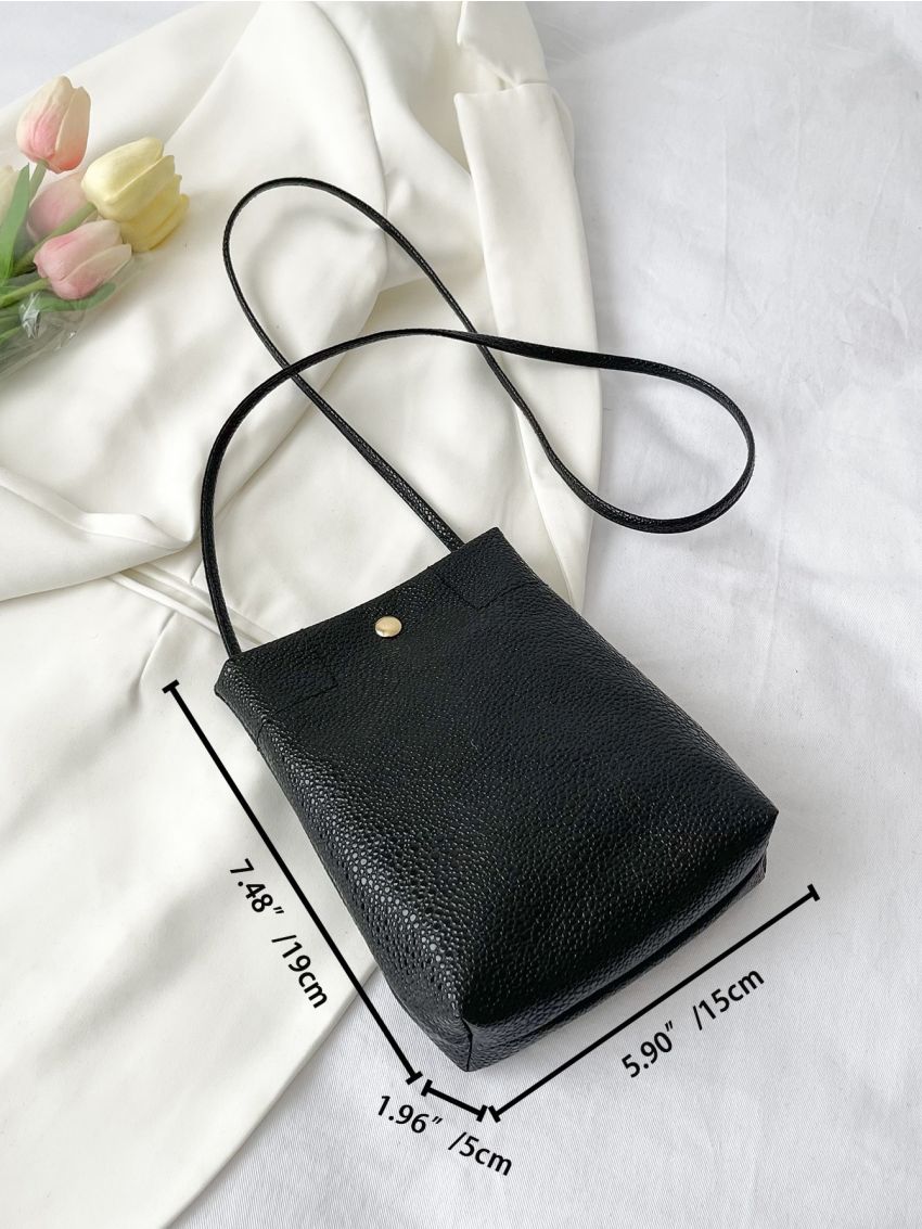 Mini Granule Embossed Snap Button Detail Bucket Bag