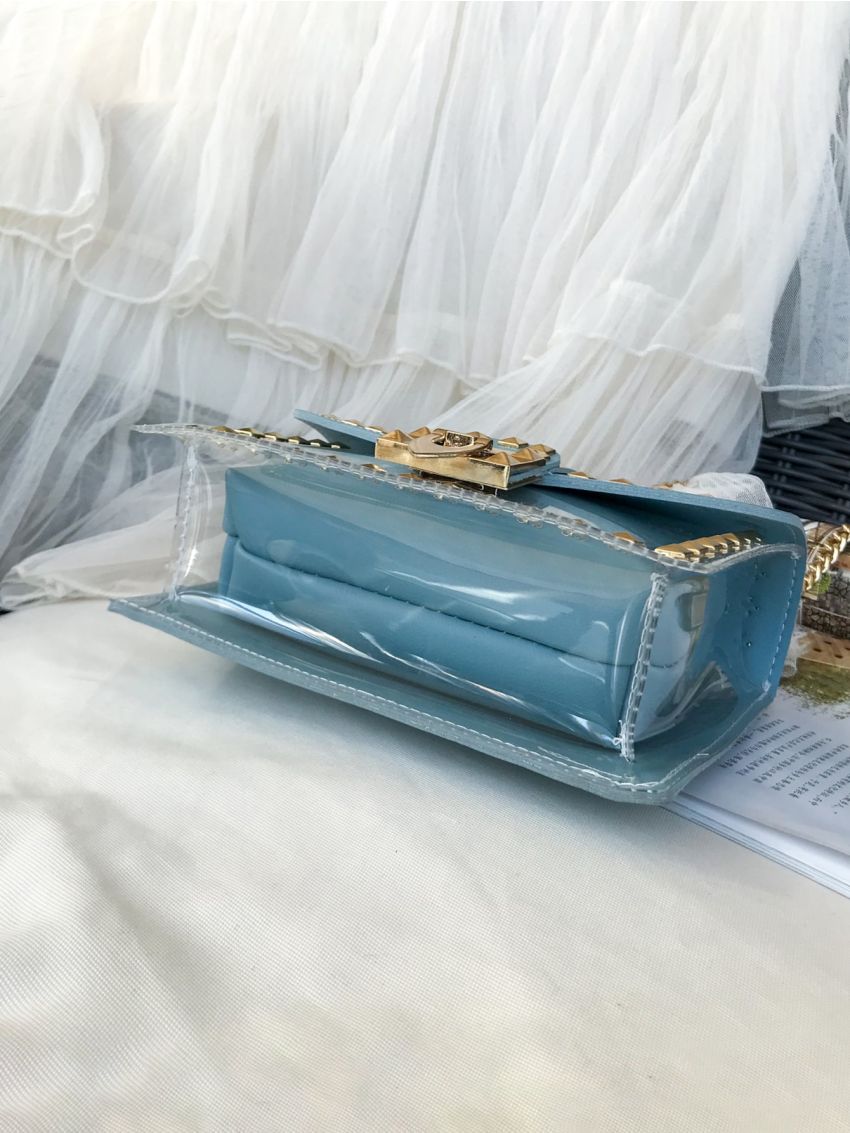 Mini Clear Spiked Decor Flap Chain Square Bag With Inner Pouch