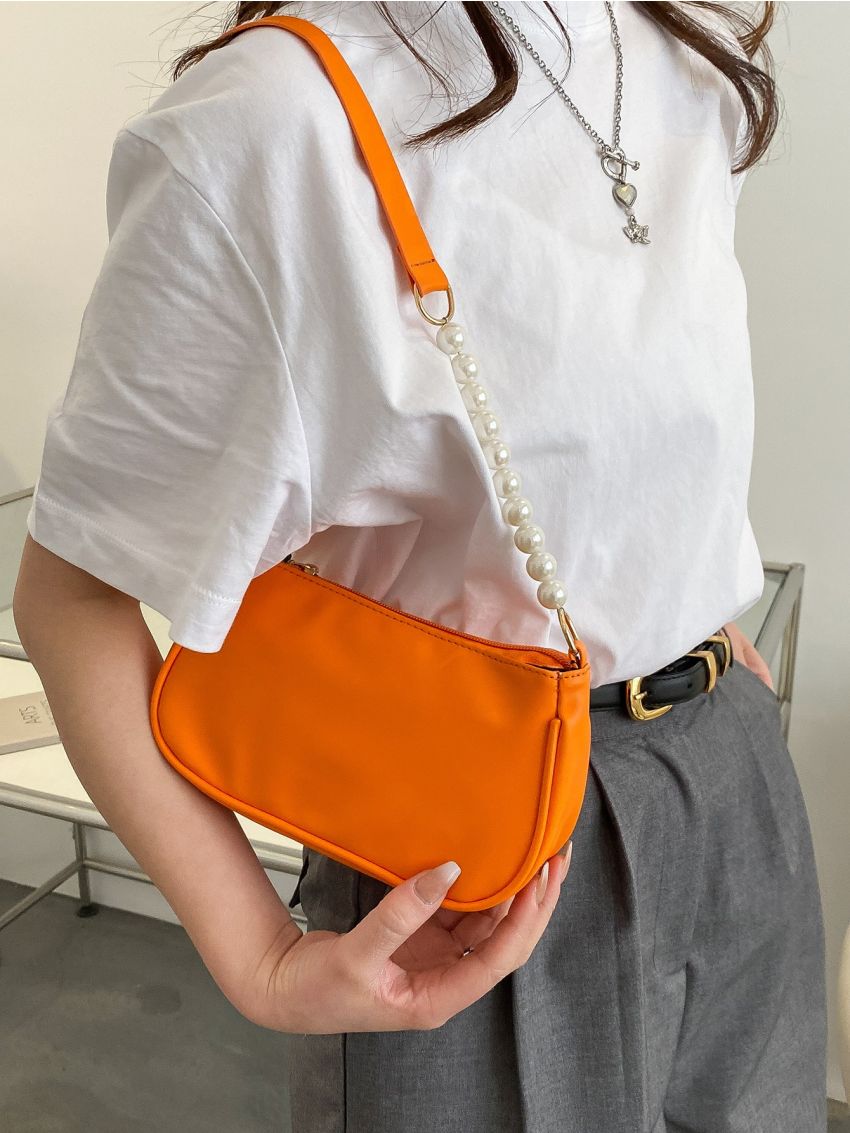 Mini Faux Pearl Beaded Baguette Bag