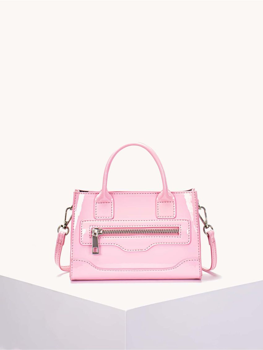Mini Zip Front Artificial Patent Leather Square Bag