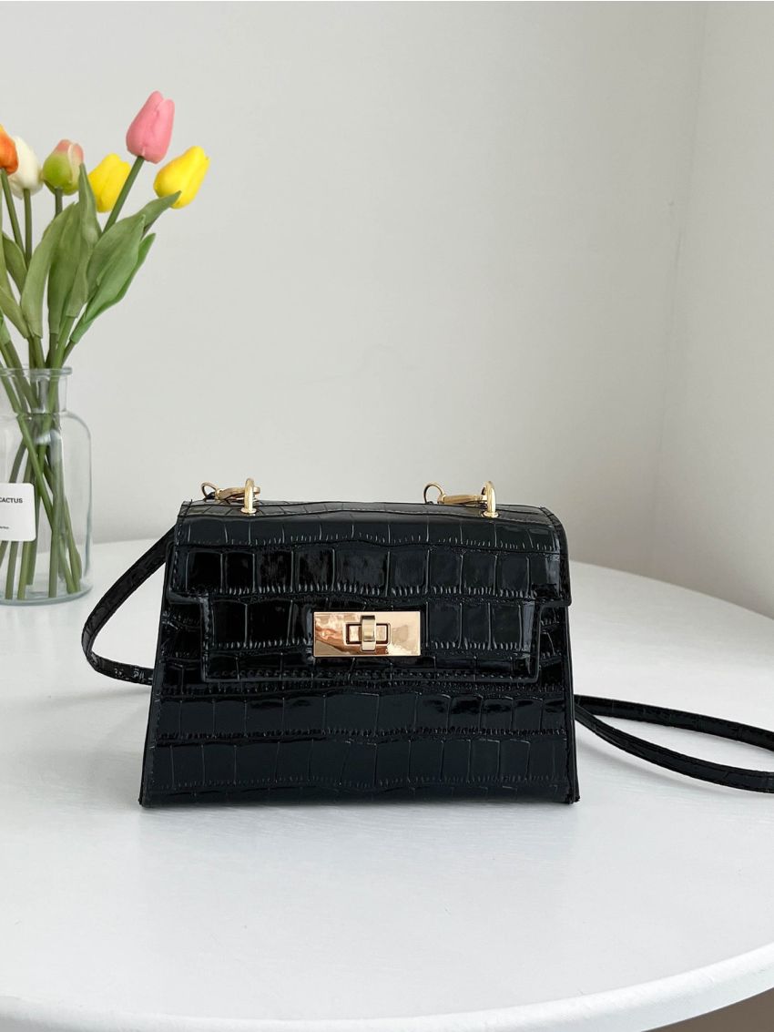 Mini Crocodile Embossed Twist Lock Flap Square Bag
