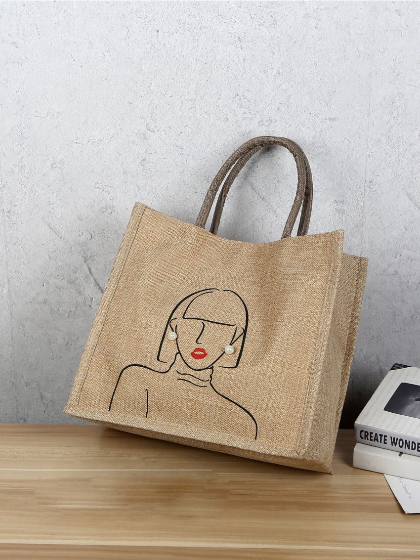 Figure Graphic Faux Pearl Decor Shoulder Tote Bag