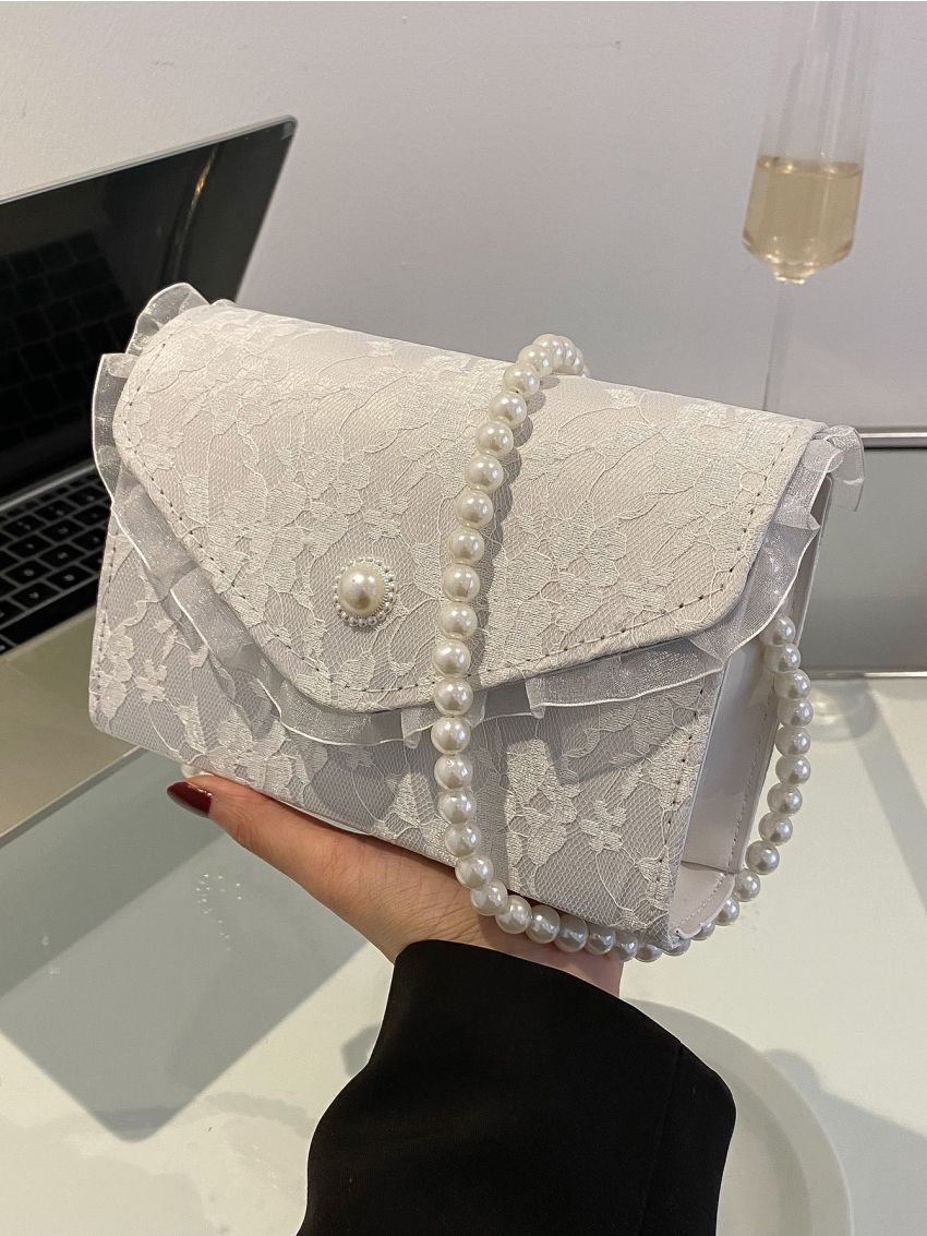Mini Jacquard Faux Pearl Beaded Flap Square Bag