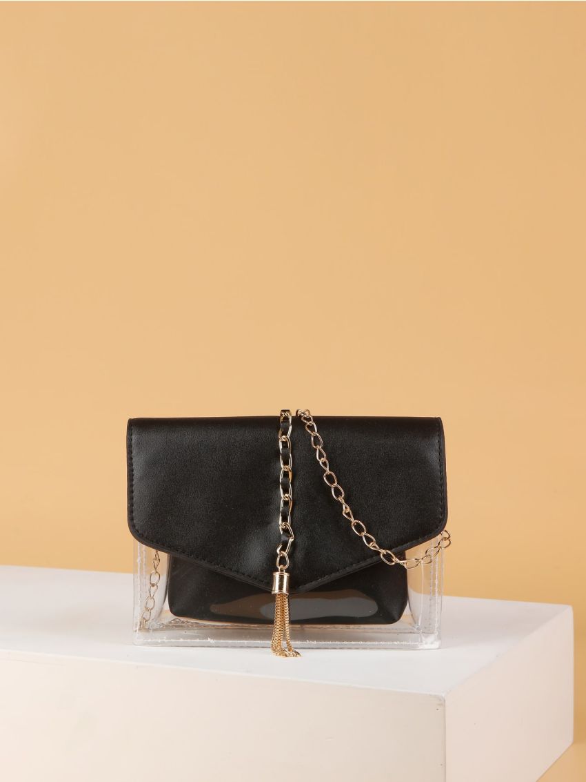 Clear Metal Tassel Decor Flap Chain Square Bag With Inner Pouch