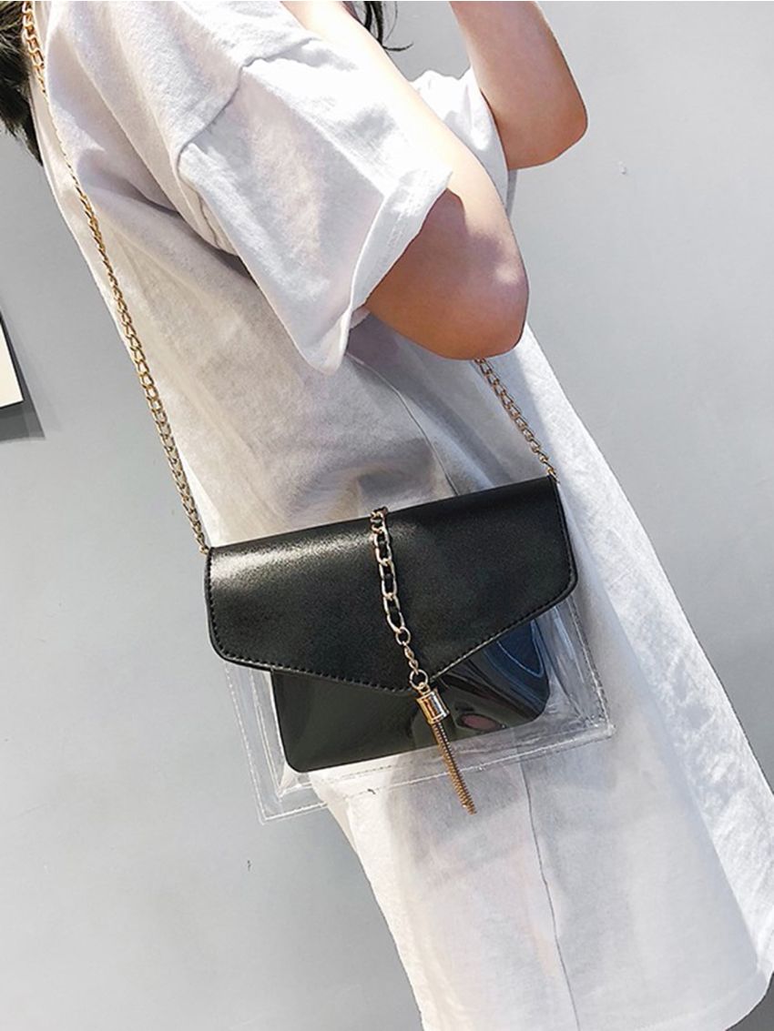 Clear Metal Tassel Decor Flap Chain Square Bag With Inner Pouch