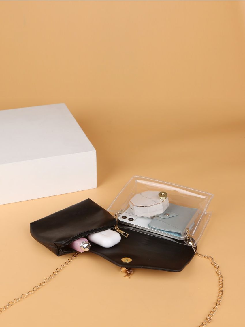 Clear Metal Tassel Decor Flap Chain Square Bag With Inner Pouch