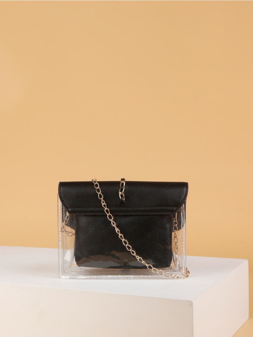 Clear Metal Tassel Decor Flap Chain Square Bag With Inner Pouch