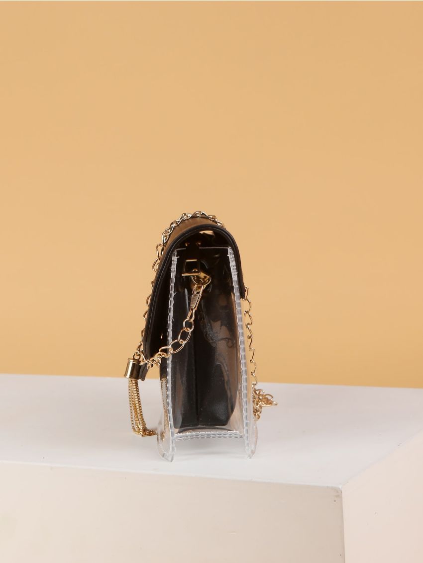 Clear Metal Tassel Decor Flap Chain Square Bag With Inner Pouch