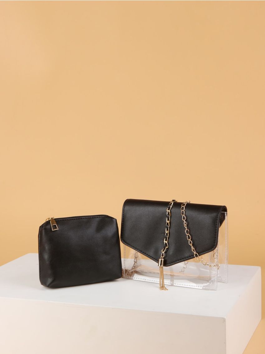 Clear Metal Tassel Decor Flap Chain Square Bag With Inner Pouch