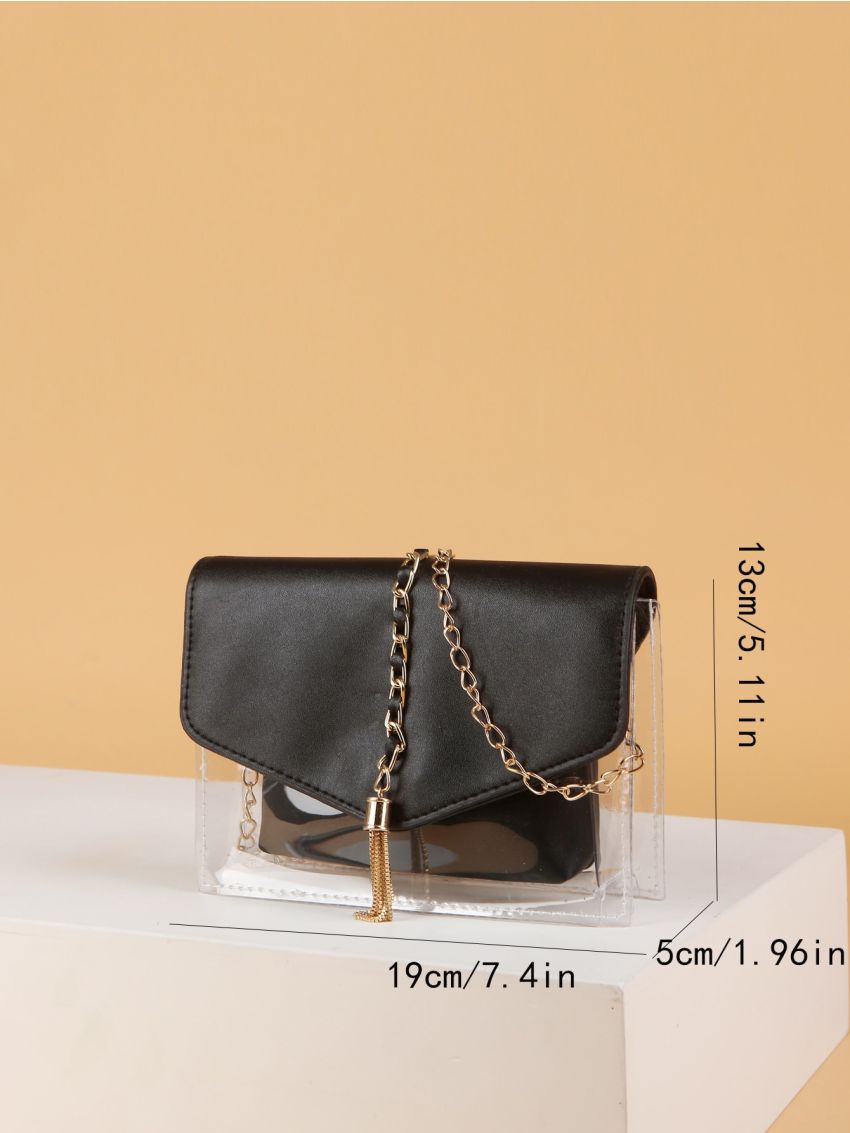 Clear Metal Tassel Decor Flap Chain Square Bag With Inner Pouch