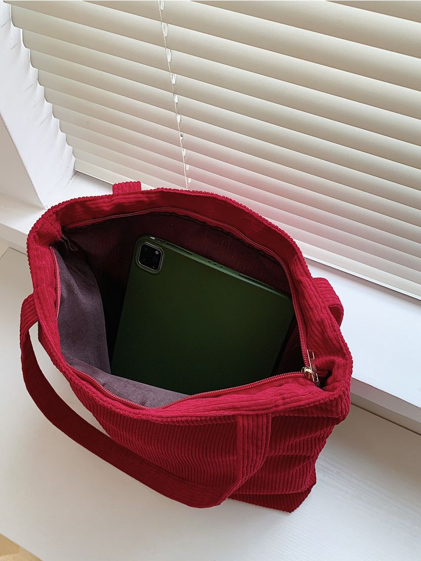 Letter Patch Corduroy Shopper Bag