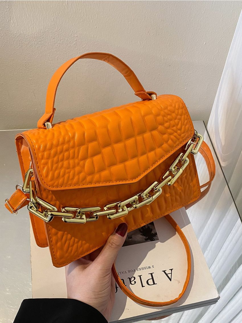 Crocodile Embossed Chain Decor Flap Square Bag
