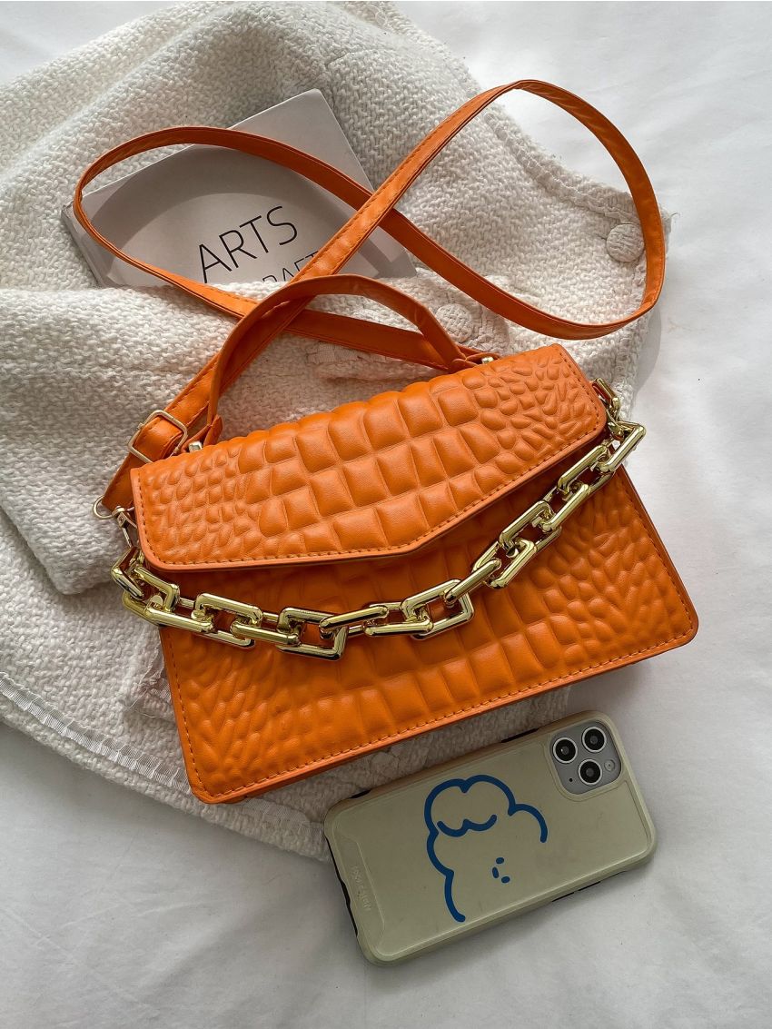 Crocodile Embossed Chain Decor Flap Square Bag