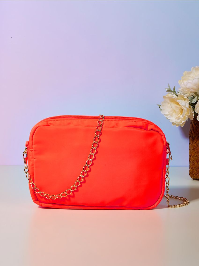 Mini Neon Orange Metal Decor Quilted Chain Square Bag