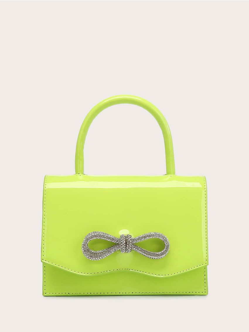 Mini Rhinestone Bow Decor Top Handle Flap Chain Square Bag