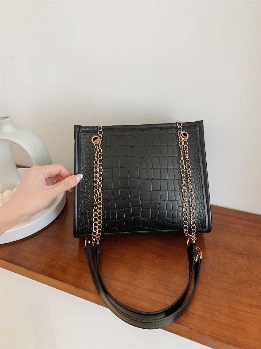 Crocodile Embossed Chain Square Bag