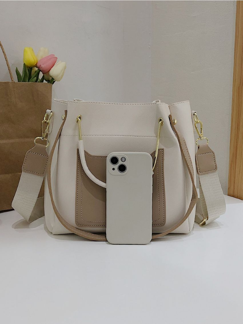 Two Tone Pocket Front Design Top Handle Bag