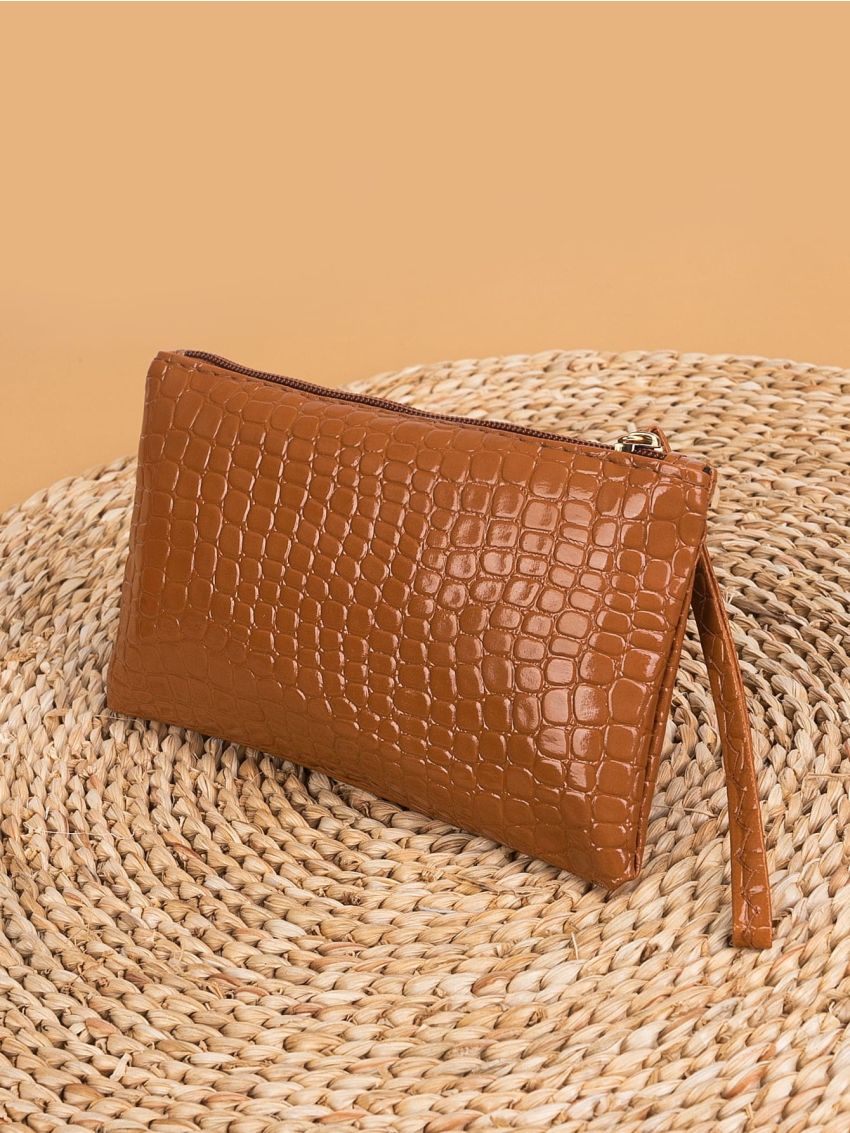 Crocodile Embossed Long Wallet With Wristlet