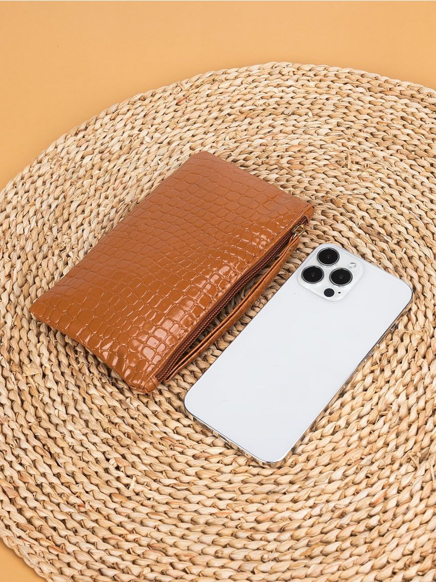 Crocodile Embossed Long Wallet With Wristlet