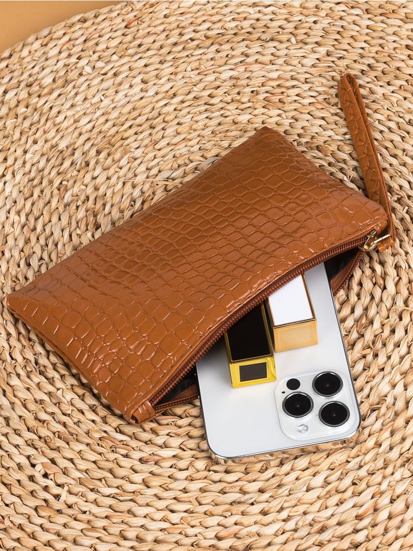 Crocodile Embossed Long Wallet With Wristlet