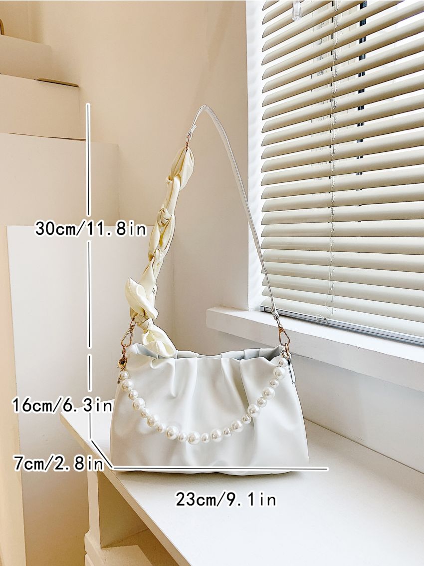 Twilly Scarf Decor Faux Pearl Detail Ruched Bag