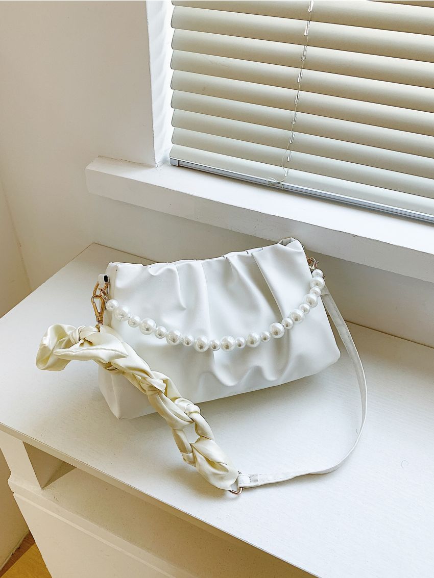 Twilly Scarf Decor Faux Pearl Detail Ruched Bag