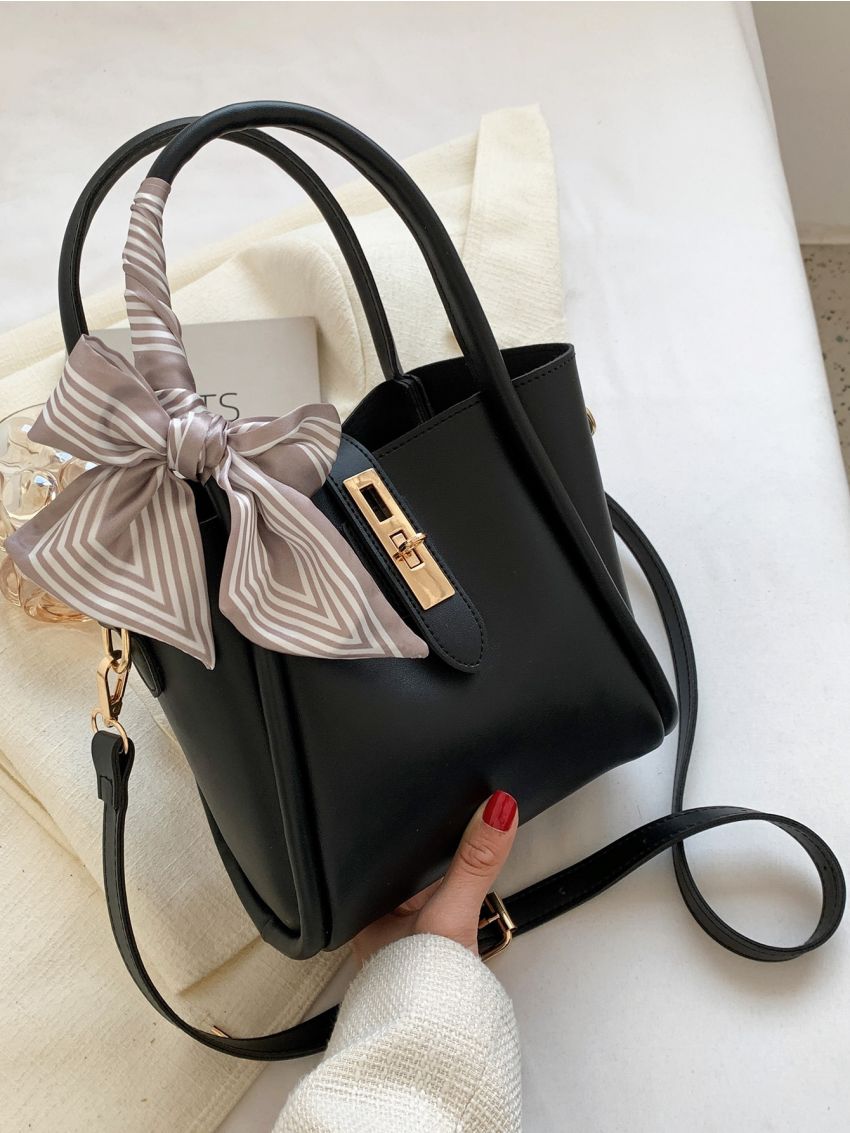Twilly Scarf Decor Turn Lock Bucket Bag With Inner Pouch