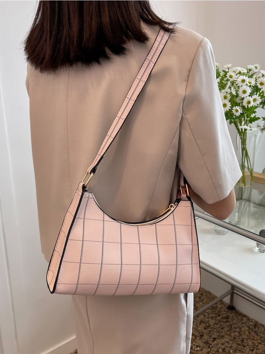 Plaid Pattern Baguette Bag