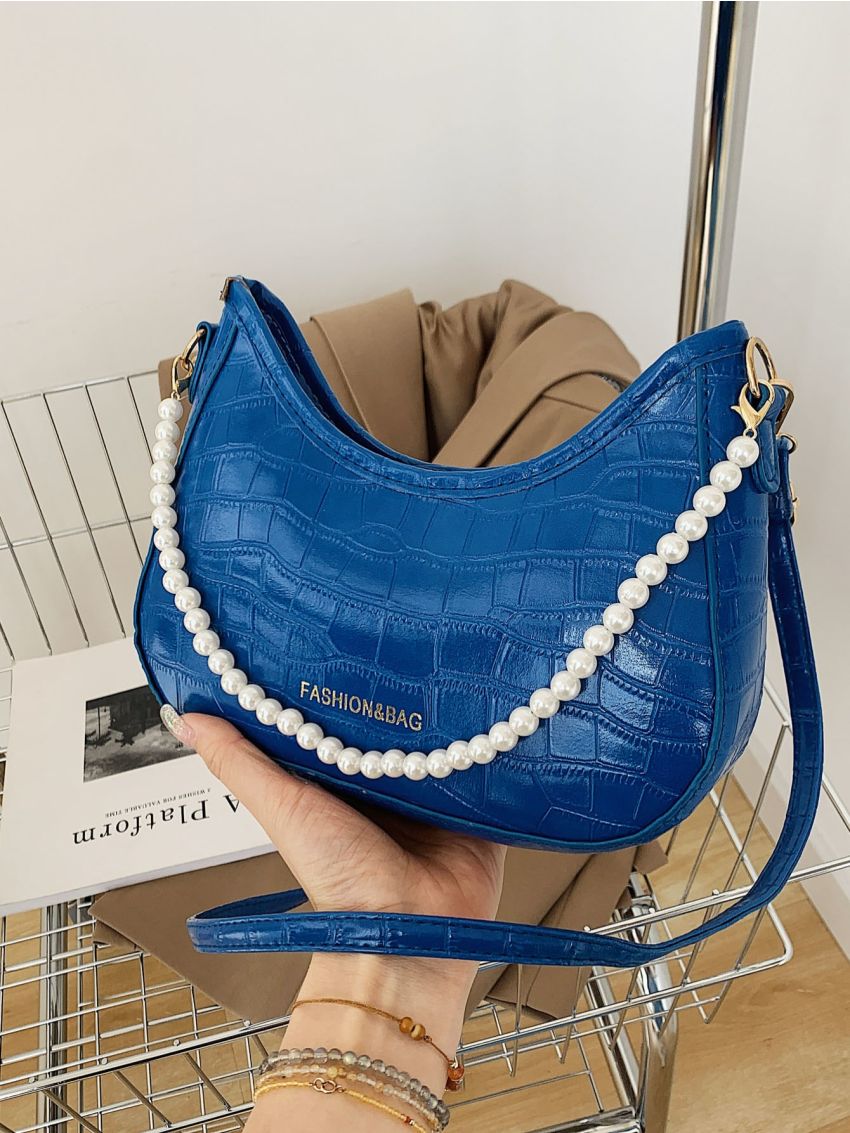 Crocodile Embossed Letter Graphic Faux Pearl Decor Saddle Bag