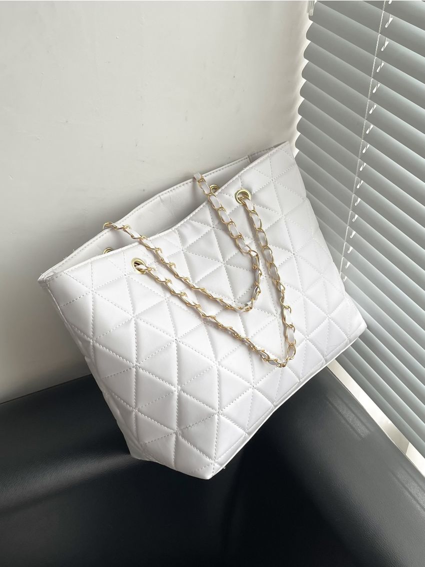 Quilted Detail Chain Shoulder Tote Bag