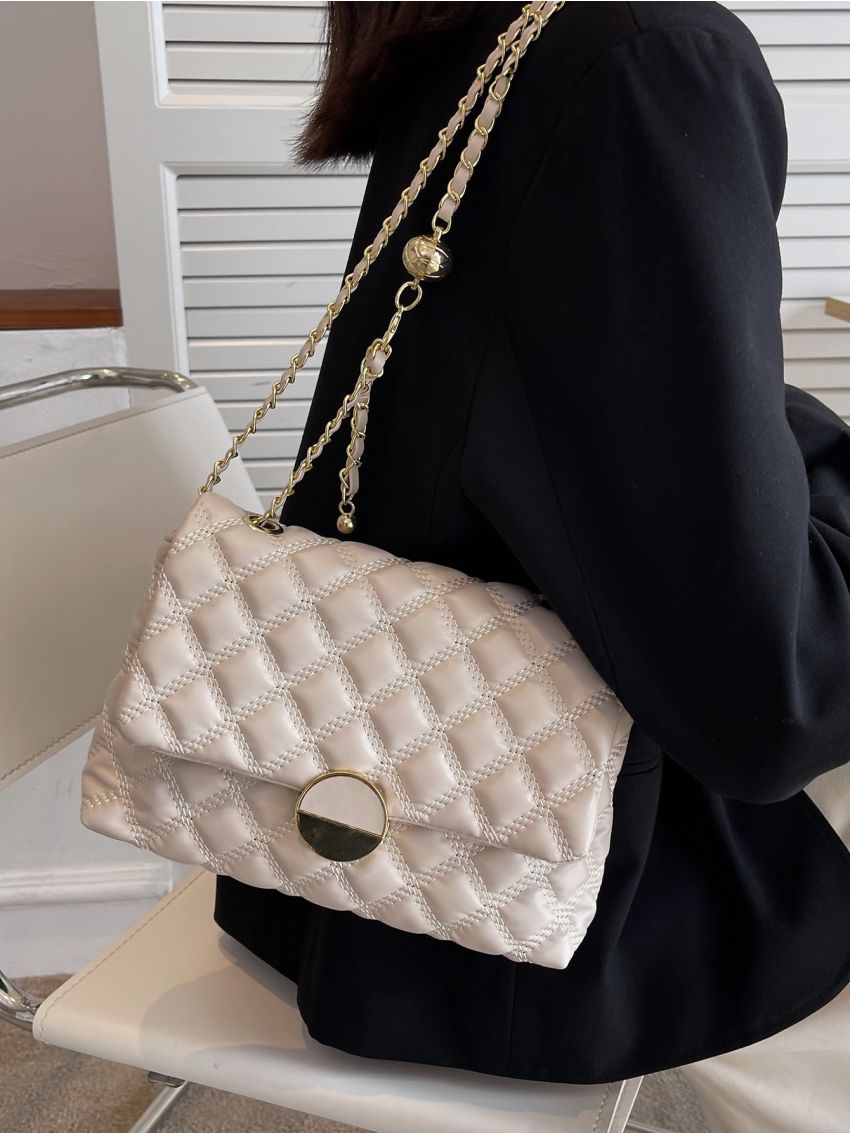 Quilted Pattern Chain Flap Square Bag