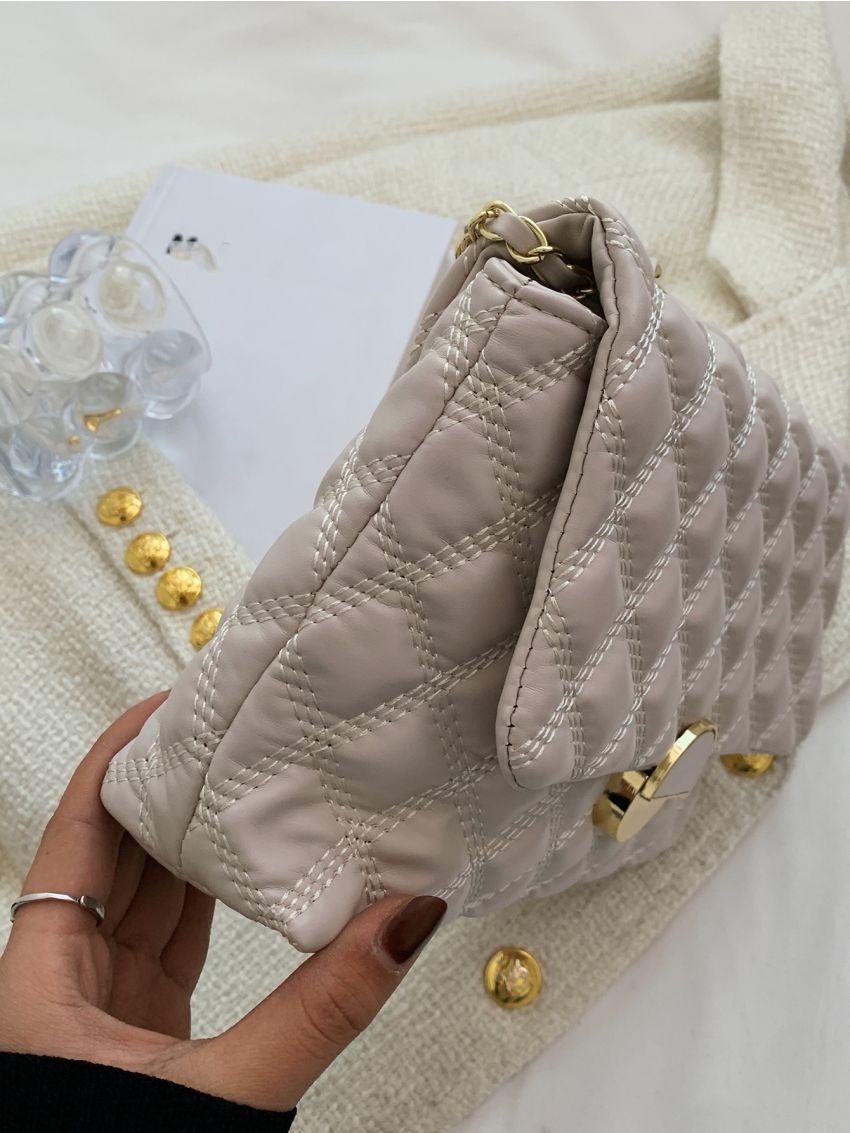 Quilted Pattern Chain Flap Square Bag