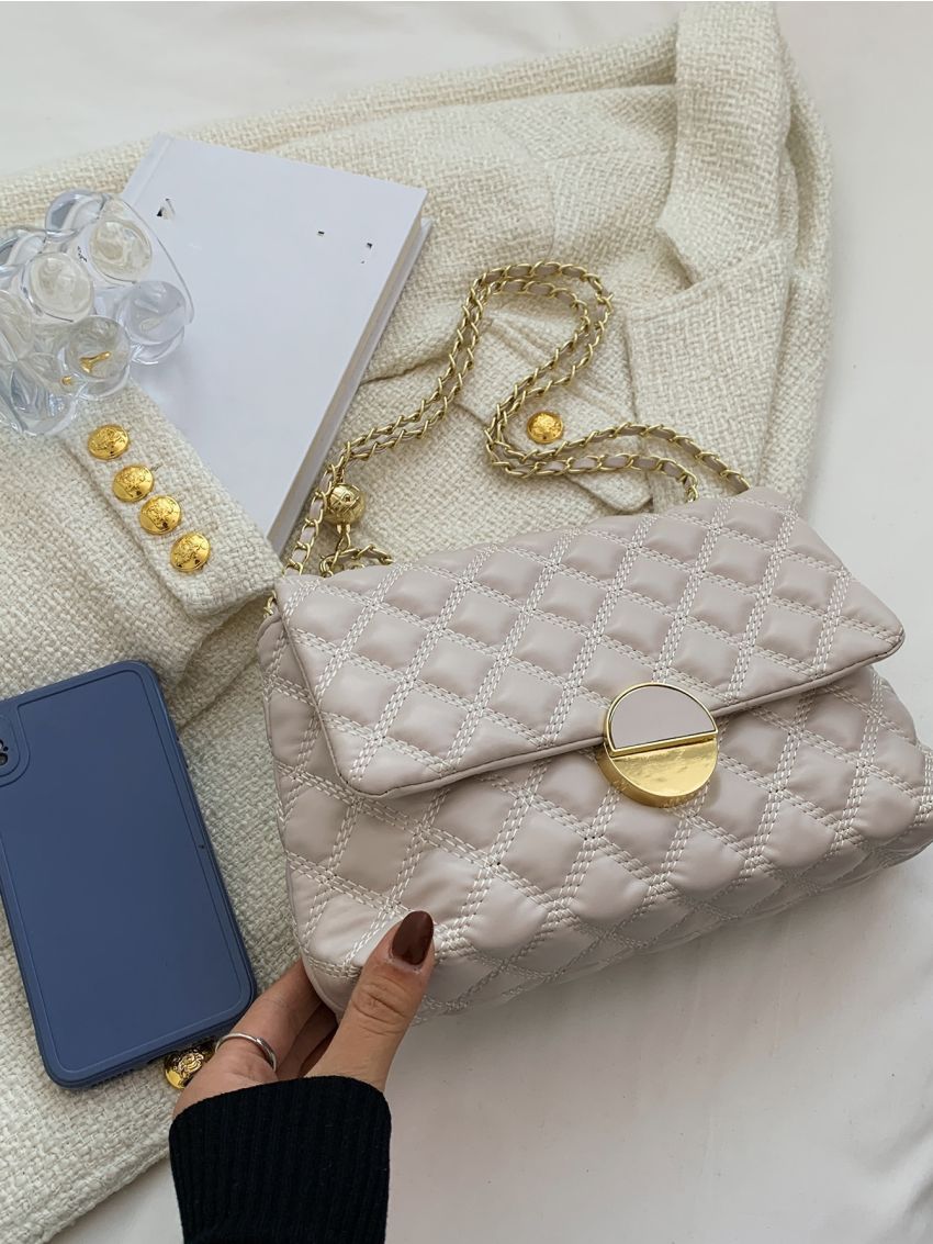 Quilted Pattern Chain Flap Square Bag