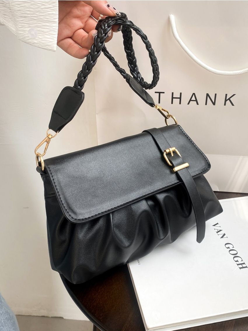 Buckle Detail Flap Ruched Bag