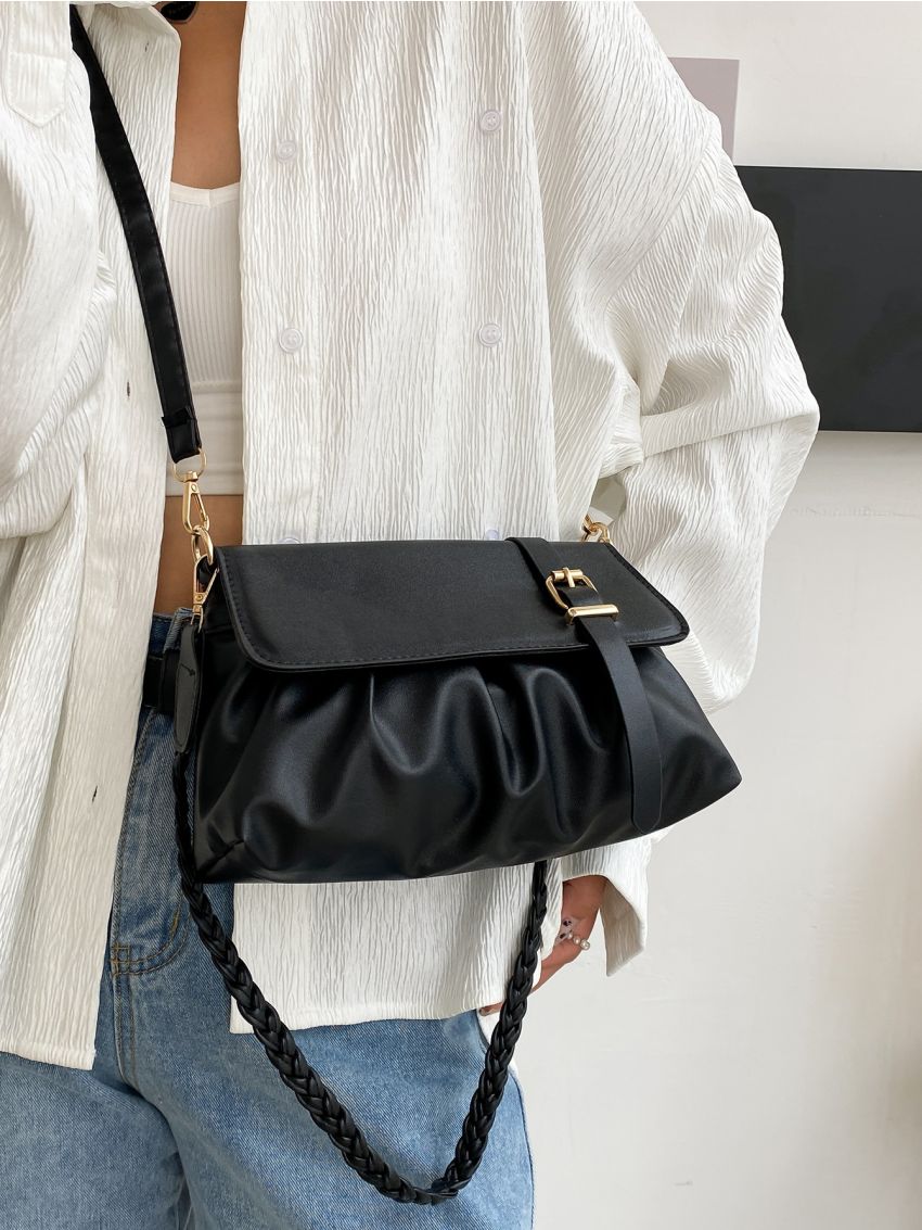 Buckle Detail Flap Ruched Bag