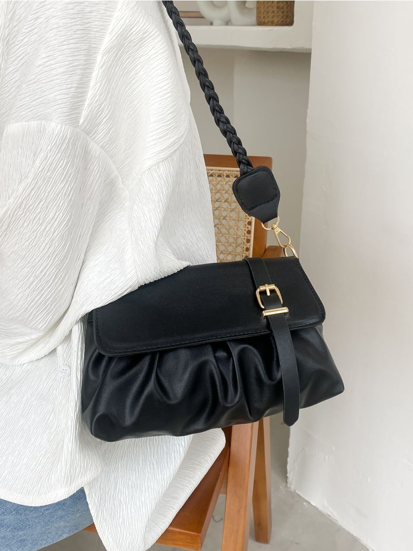 Buckle Detail Flap Ruched Bag