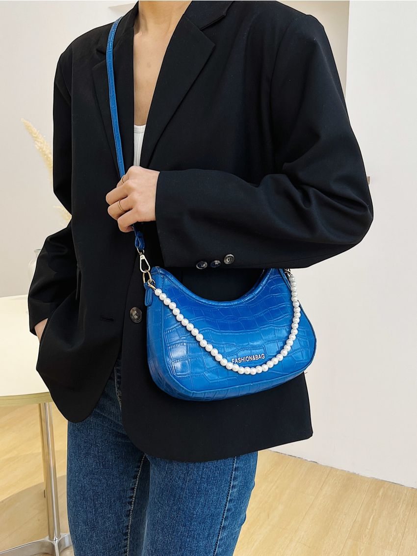 Crocodile Embossed Letter Graphic Faux Pearl Decor Saddle Bag