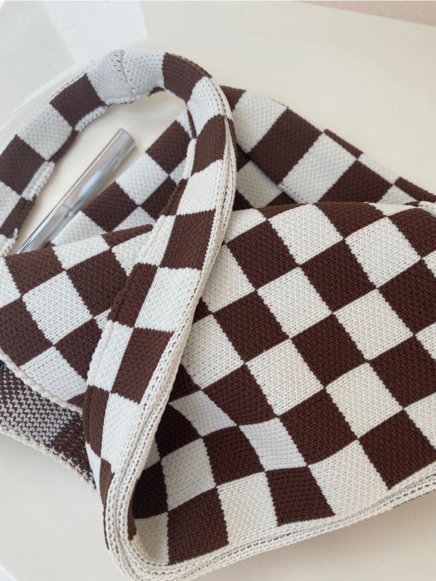 Plaid Pattern Knit Detail Square Bag