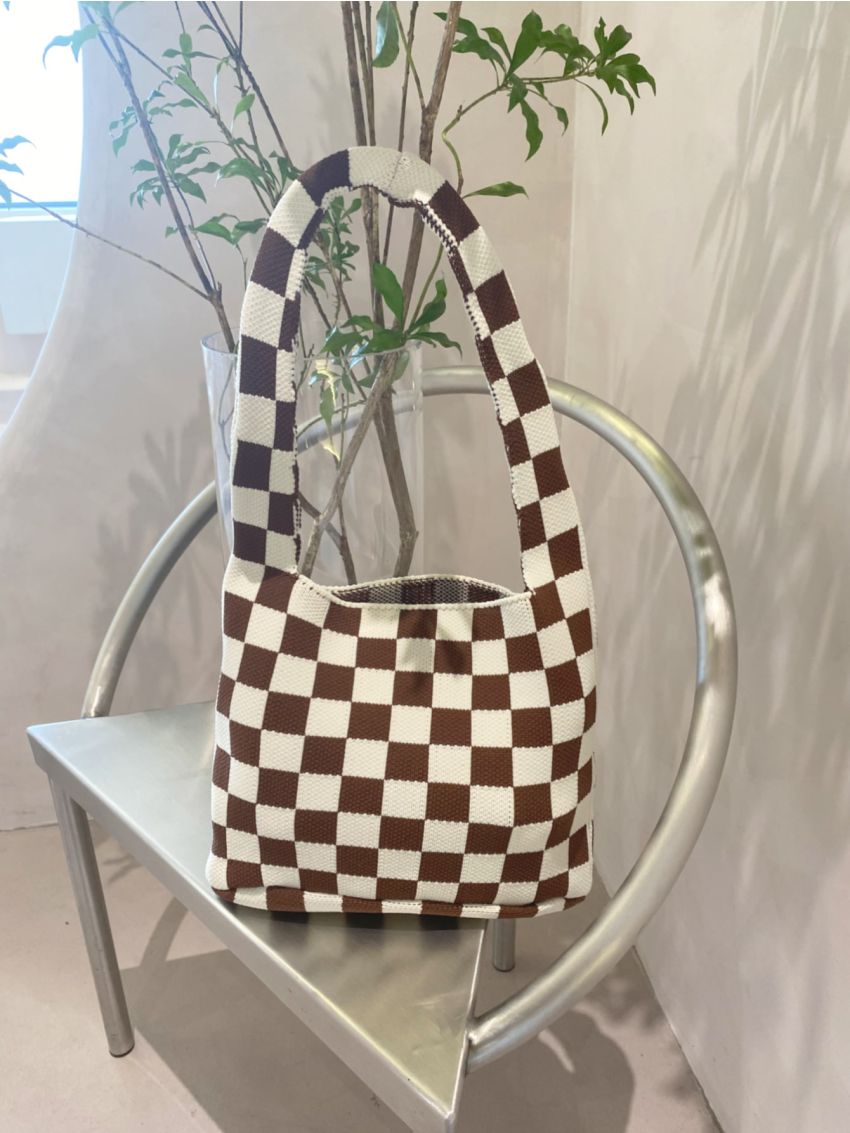 Plaid Pattern Knit Detail Square Bag