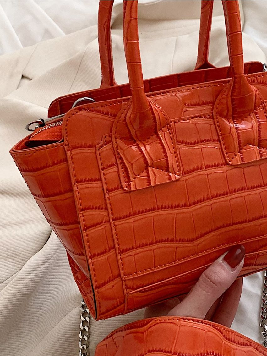 Crocodile Embossed Double Handle Square Bag