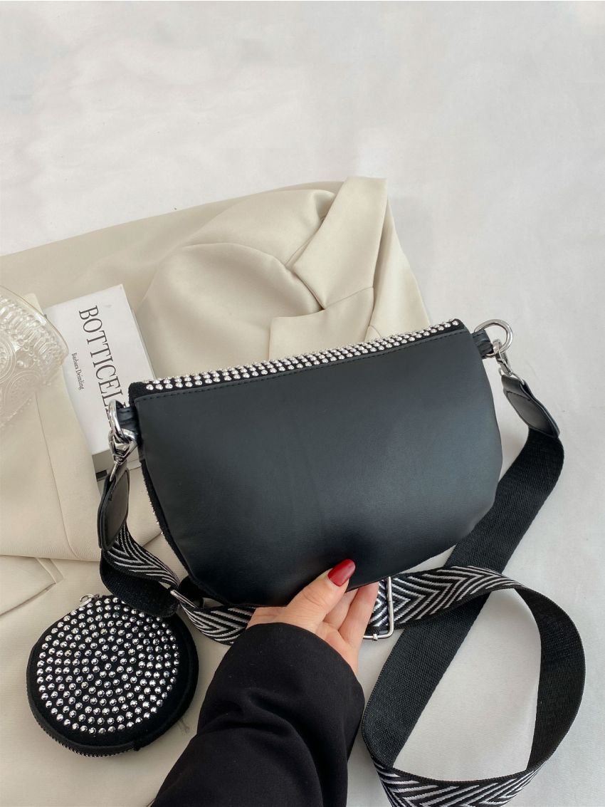 Allover Rhinestone Decor Letter Graphic Saddle Bag With Coin Purse