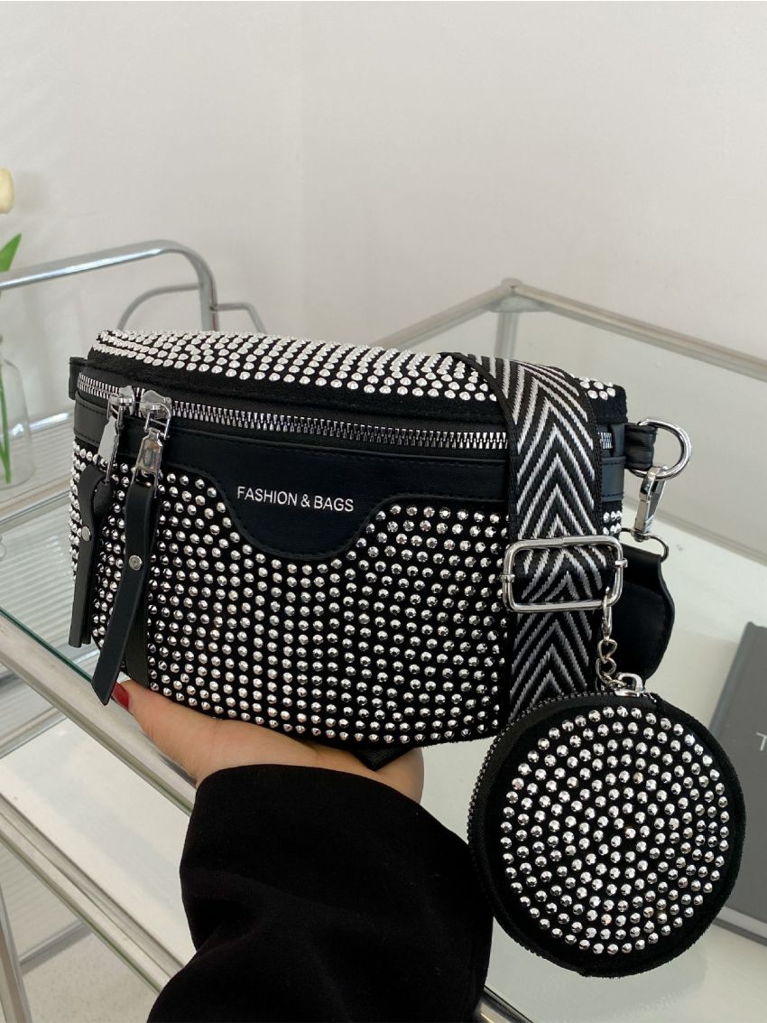 Allover Rhinestone Decor Letter Graphic Saddle Bag With Coin Purse