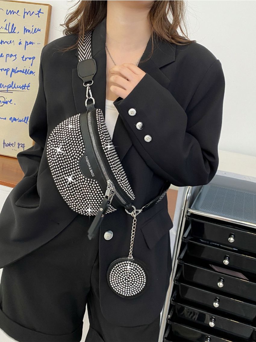 Allover Rhinestone Decor Letter Graphic Saddle Bag With Coin Purse