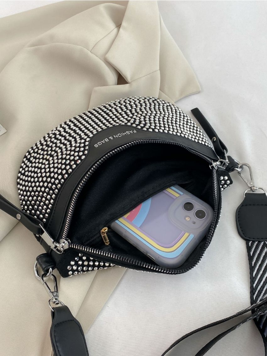 Allover Rhinestone Decor Letter Graphic Saddle Bag With Coin Purse