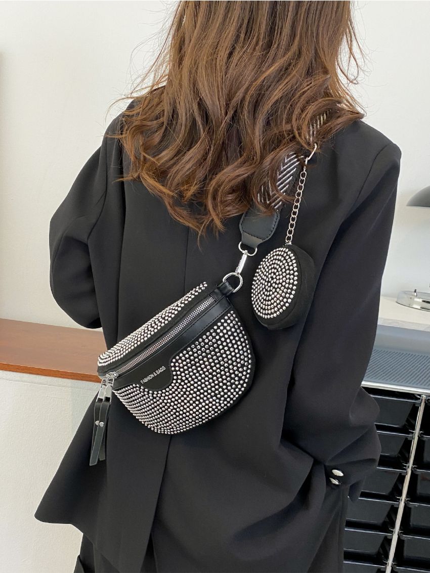 Allover Rhinestone Decor Letter Graphic Saddle Bag With Coin Purse