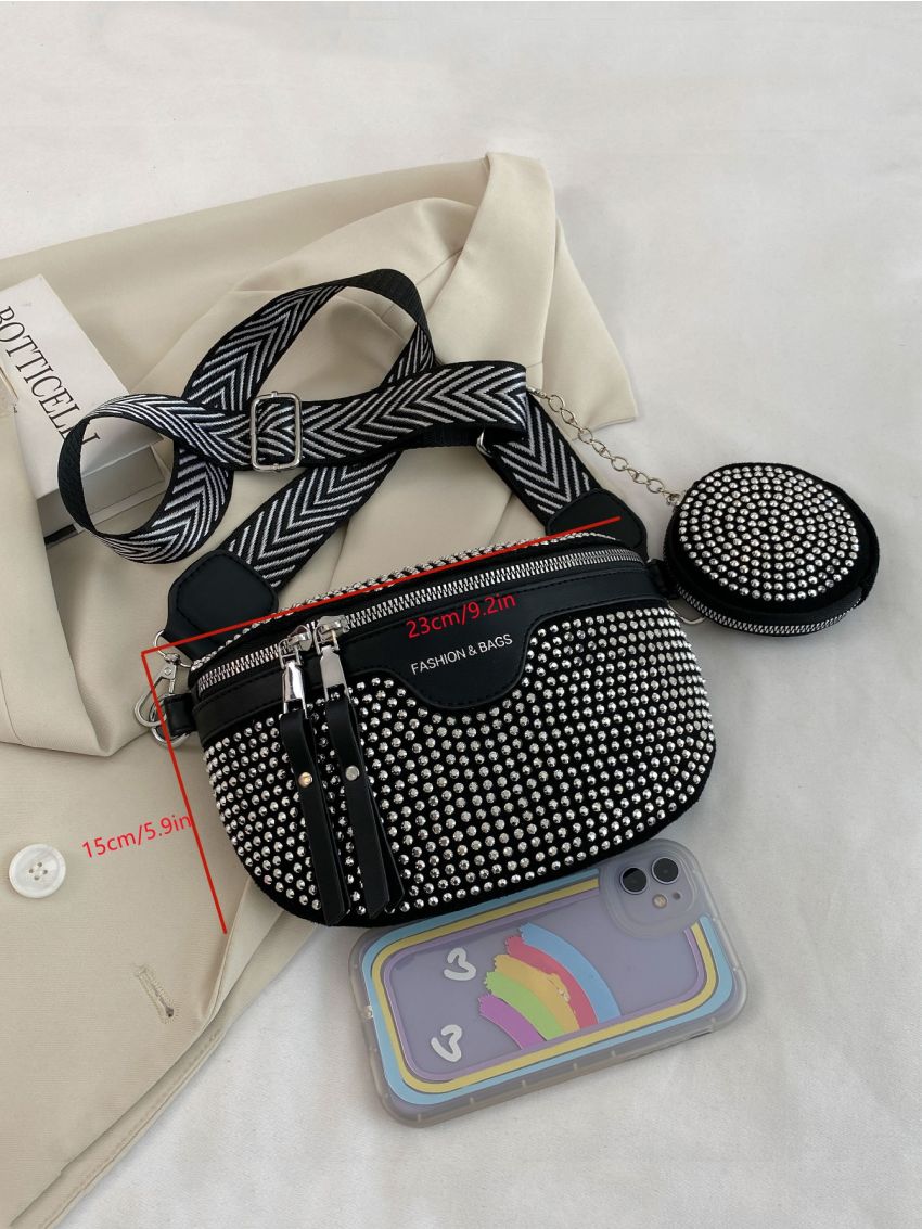 Allover Rhinestone Decor Letter Graphic Saddle Bag With Coin Purse