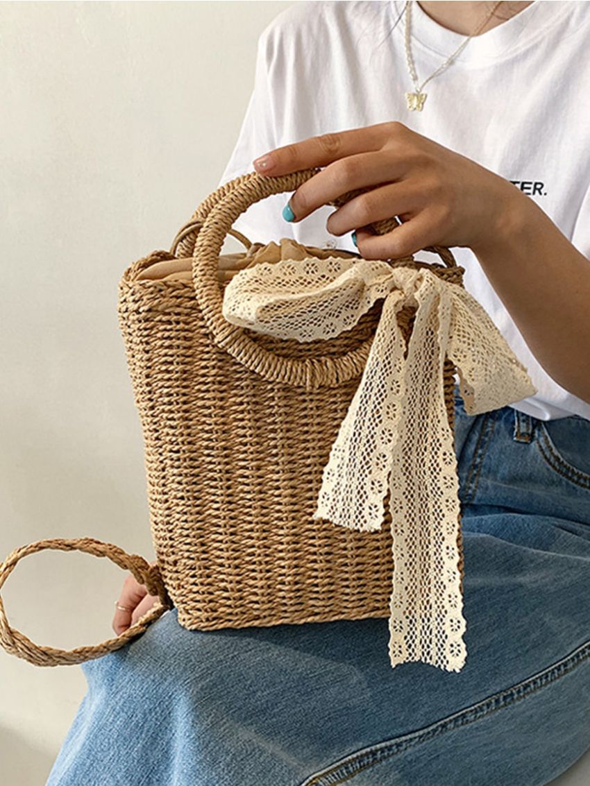 Mini Twilly Scarf Decor Drawstring Design Straw Bag